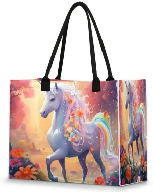 Large Travel Utility Tote Bag for Women Reusable Shopping Bags with Handles Beautiful Flower Unicorn Aesthetic Bolsos Para Mujeres Cute Canvas Bag for Beach School Work Grocery