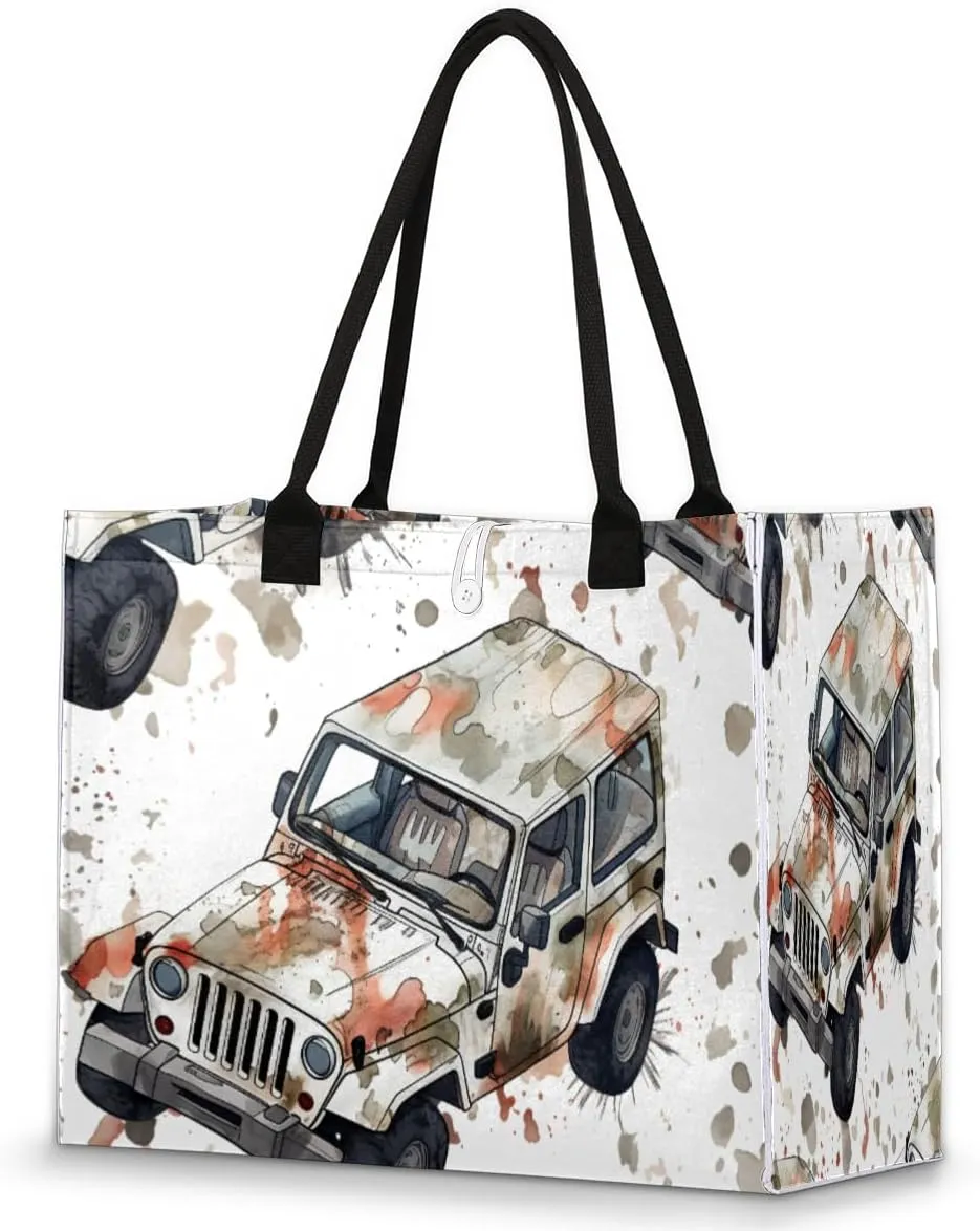 Large Travel Utility Tote Bag for Women Reusable Shopping Bags with Handles Cartoon Retro Car Pattern Aesthetic Bolsos Para Mujeres Cute Canvas Bag for Beach School Work Grocery