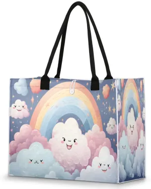 Large Travel Utility Tote Bag for Women Reusable Shopping Bags with Handles Cute Cloud Stars Printing Aesthetic Bolsos Para Mujeres Cute Canvas Bag for Beach School Work Grocery