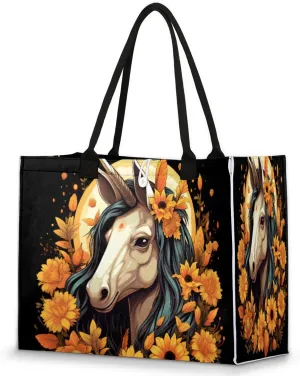 Large Travel Utility Tote Bag for Women Reusable Shopping Bags with Handles Cute Horse Flowers Daisies Aesthetic Bolsos Para Mujeres Cute Canvas Bag for Beach School Work Grocery