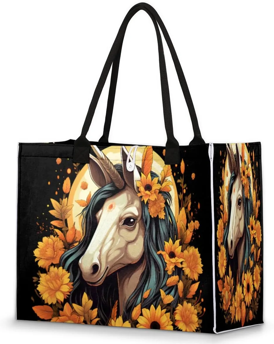 Large Travel Utility Tote Bag for Women Reusable Shopping Bags with Handles Cute Horse Flowers Daisies Aesthetic Bolsos Para Mujeres Cute Canvas Bag for Beach School Work Grocery
