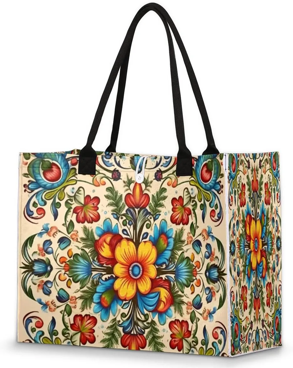 Large Travel Utility Tote Bag for Women Reusable Shopping Bags with Handles Ethnic Flower Patterns Aesthetic Bolsos Para Mujeres Cute Canvas Bag for Beach School Work Grocery