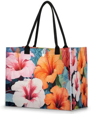 Large Travel Utility Tote Bag for Women Reusable Shopping Bags with Handles Flowers Colorful Illustration Aesthetic Bolsos Para Mujeres Cute Canvas Bag for Beach School Work Grocery