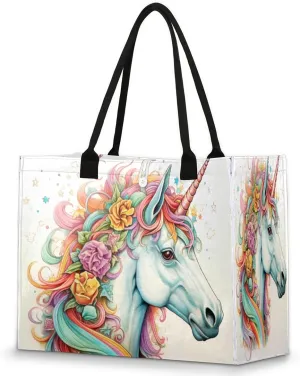Large Travel Utility Tote Bag for Women Reusable Shopping Bags with Handles Lovely Floral Unicorn Aesthetic Bolsos Para Mujeres Cute Canvas Bag for Beach School Work Grocery