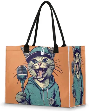 Large Travel Utility Tote Bag for Women Reusable Shopping Bags with Handles Sweatshirt Singing Cat Aesthetic Bolsos Para Mujeres Cute Canvas Bag for Beach School Work Grocery