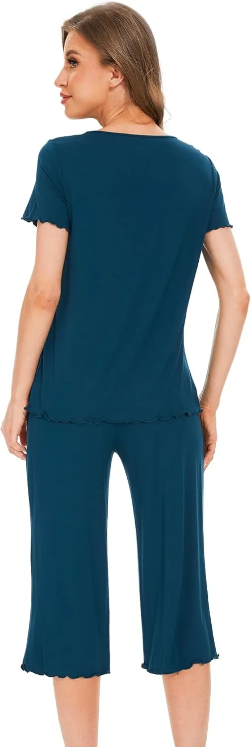 LazyCozy Womens Pajama Sets Viscose from Bamboo Pj Set Short Sleeve Top with Capri Pants Sleepwear 2 Piece Lounge Set