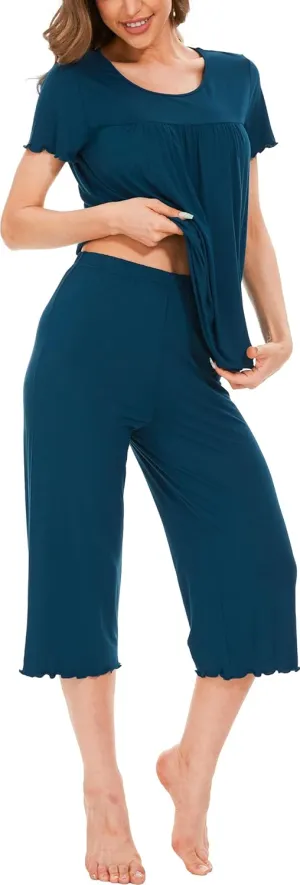 LazyCozy Womens Pajama Sets Viscose from Bamboo Pj Set Short Sleeve Top with Capri Pants Sleepwear 2 Piece Lounge Set