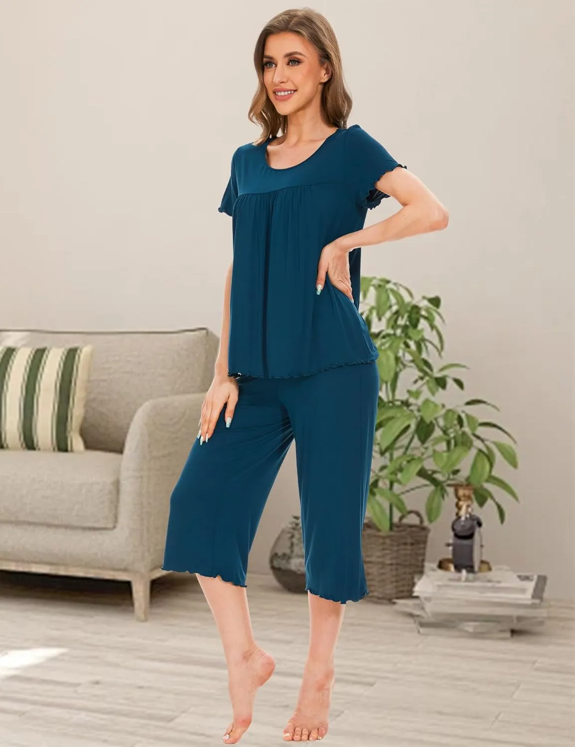 LazyCozy Womens Pajama Sets Viscose from Bamboo Pj Set Short Sleeve Top with Capri Pants Sleepwear 2 Piece Lounge Set