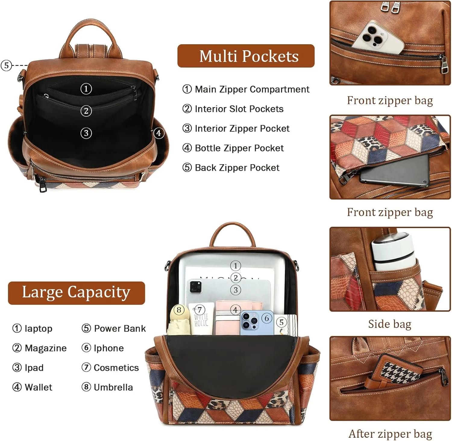 Leather Backpack Purse for Women Designer Ladies Shoulder Bag Fashion Faux Work Travel Handbags