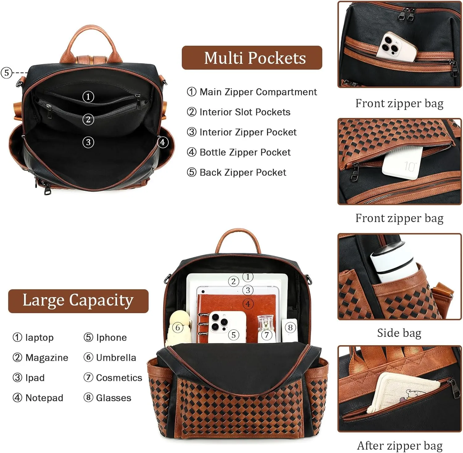 Leather Backpack Purse for Women Designer Ladies Shoulder Bag Fashion Faux Work Travel Handbags