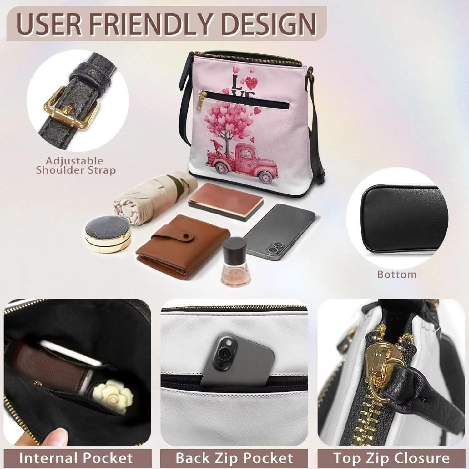 Leather Handbags for Women Hobo Valentine's Day Zippered Crossbody Purse