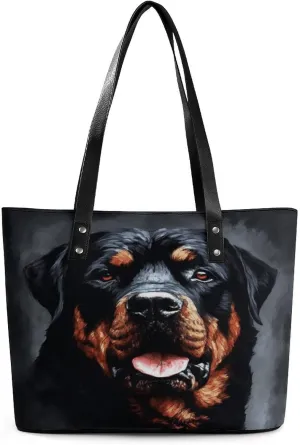 Leather Lady's Handbag,Cool Rottweiler Dog Art Leather Shoulder Bag with Large Capacity,tote Bag for Work,shopping,travel,weekend