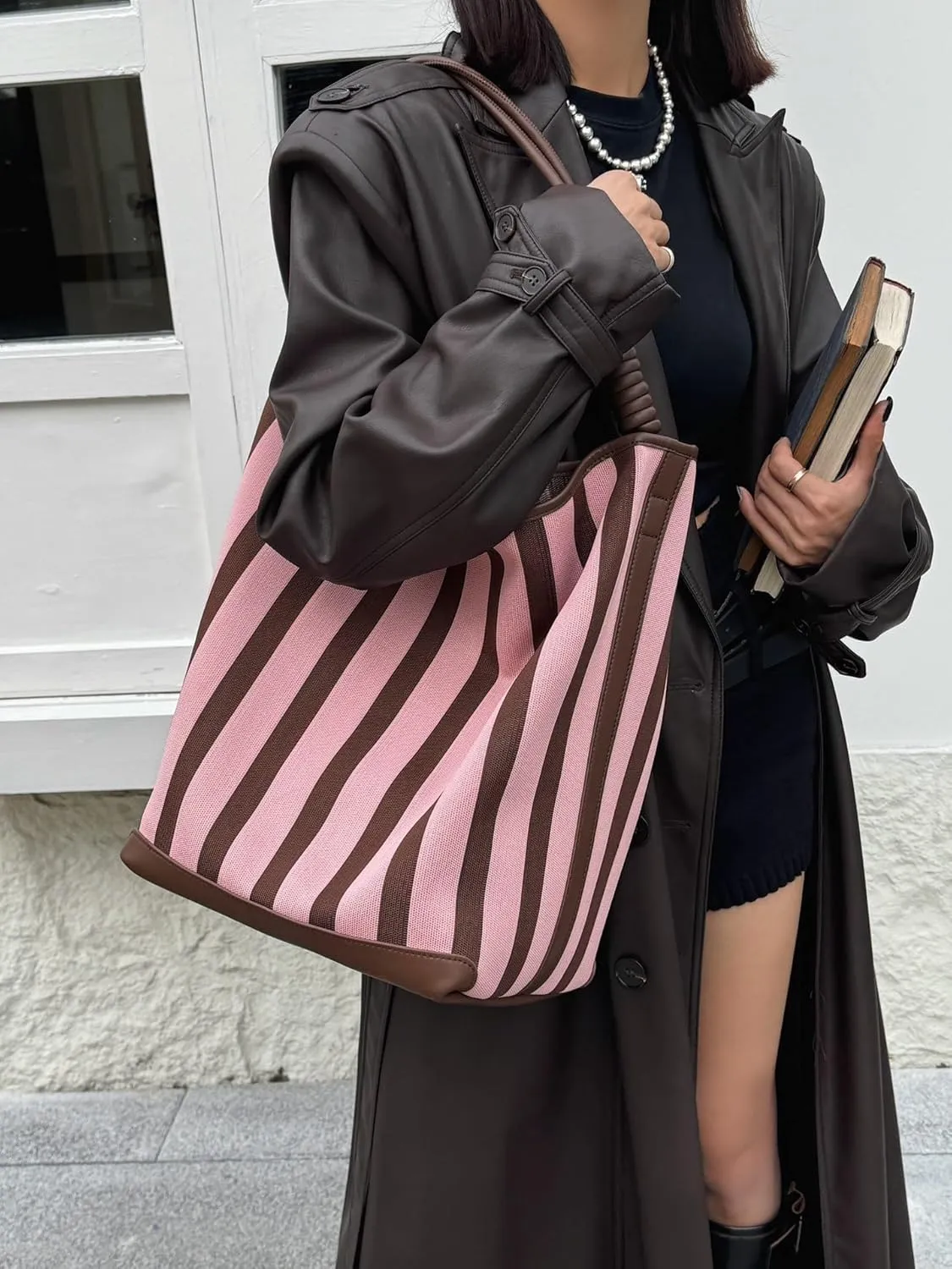 Leather Women's Bag Striped Totes Summer Canvas Cowhide Fashion Large Capacity Shoulder Bucket Bag Vacation Casual