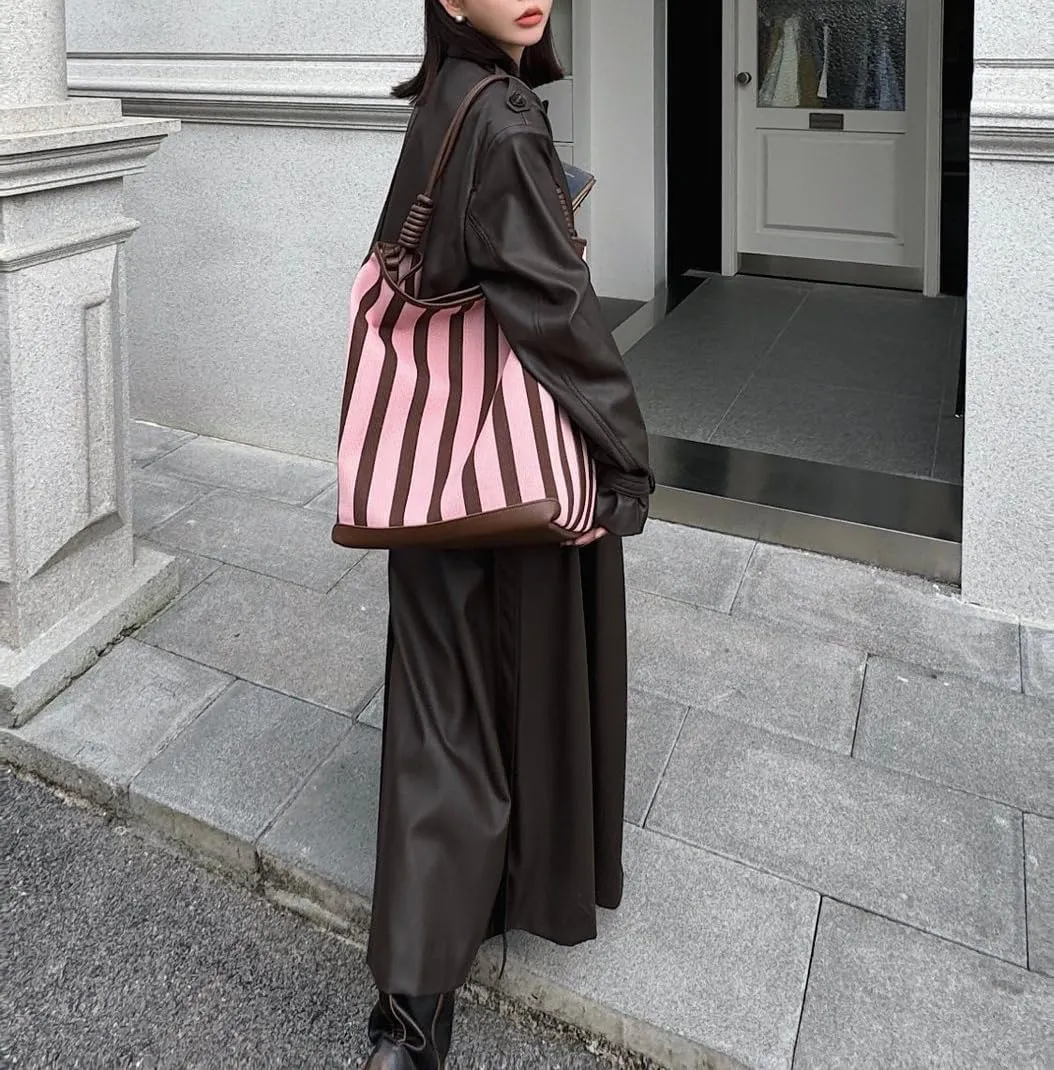 Leather Women's Bag Striped Totes Summer Canvas Cowhide Fashion Large Capacity Shoulder Bucket Bag Vacation Casual