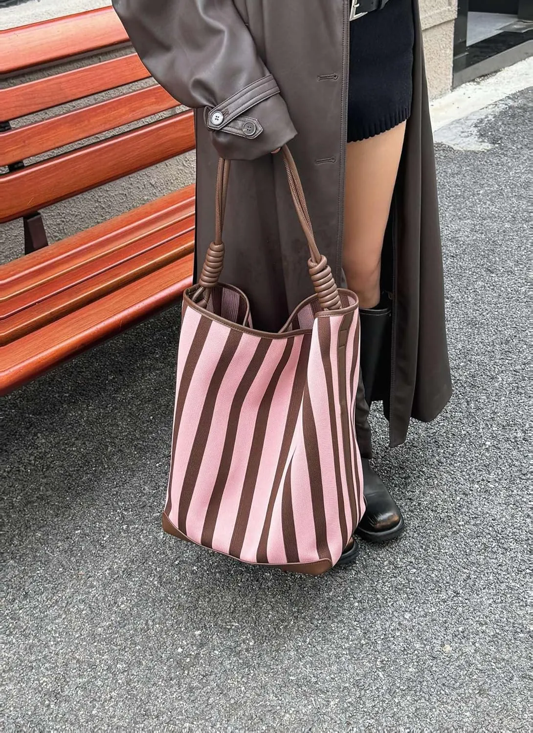 Leather Women's Bag Striped Totes Summer Canvas Cowhide Fashion Large Capacity Shoulder Bucket Bag Vacation Casual