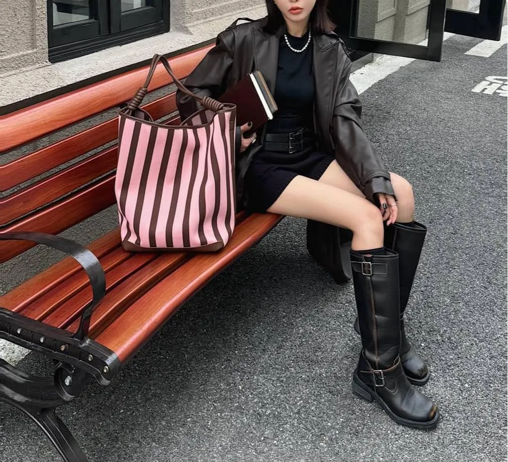 Leather Women's Bag Striped Totes Summer Canvas Cowhide Fashion Large Capacity Shoulder Bucket Bag Vacation Casual