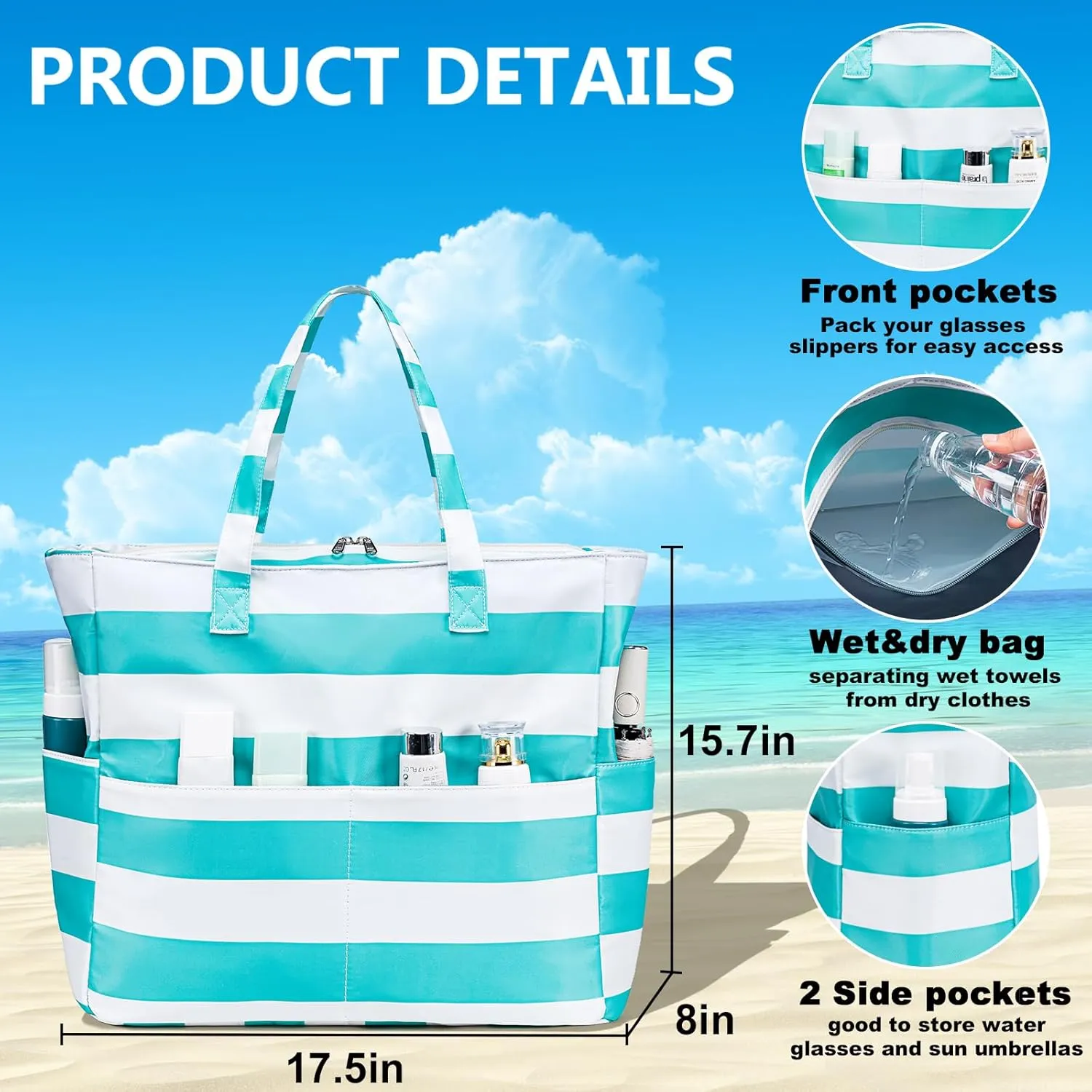 LEDAOU Large Beach Tote Bag Women Waterproof Sandproof Zipper Beach Tote Bag for Pool Gym Grocery Travel with Wet Pocket