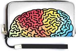 Left And Right Brain Wallet Leather Zipper Around Clutch Wallet Large Capacity Purse with Wristlet Strap