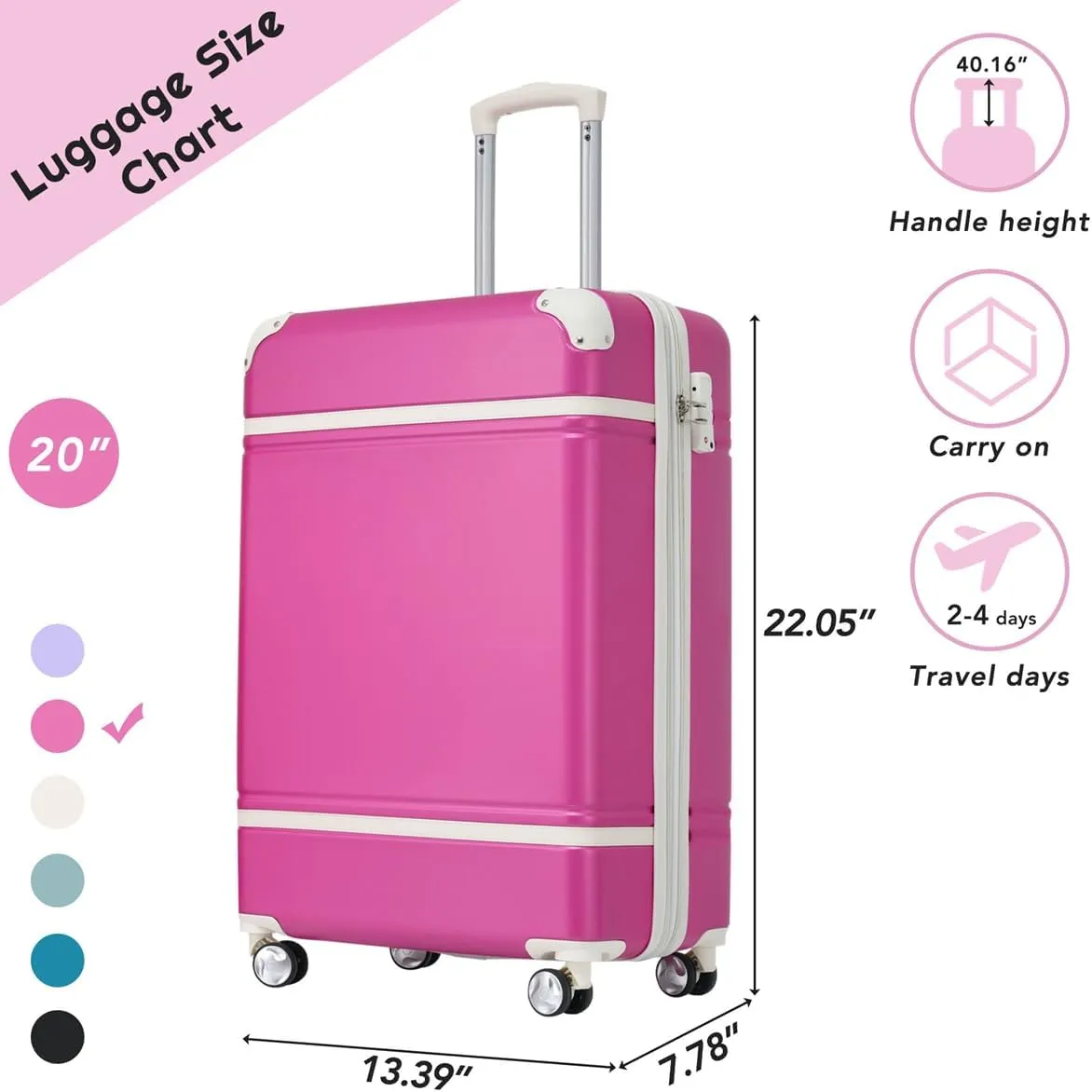 Lightweight 1 Piece 20 IN TSA Lock "intage Luggage" Spinner Wheels Lightweight Suitcase Spinner Wheels,Carry on Vintage Luggage 20 IN Luggage 1 Piece with TSA lock (pink,28inch)