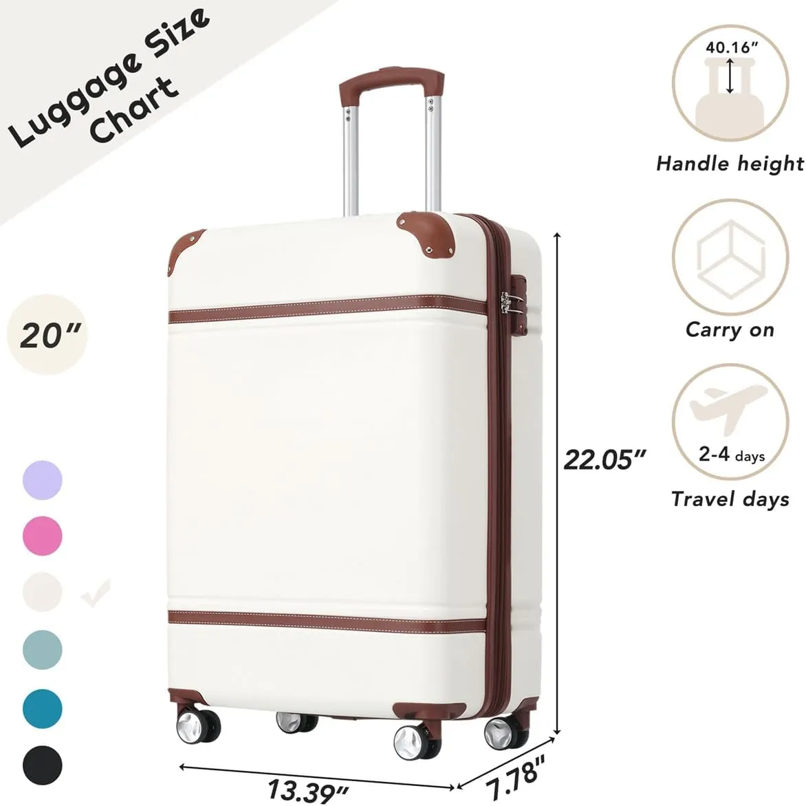 Lightweight 1 Piece 20 IN TSA Lock "intage Luggage" Spinner Wheels Lightweight Suitcase Spinner Wheels,Carry on Vintage Luggage 20 IN Luggage 1 Piece with TSA lock (white,28inch)