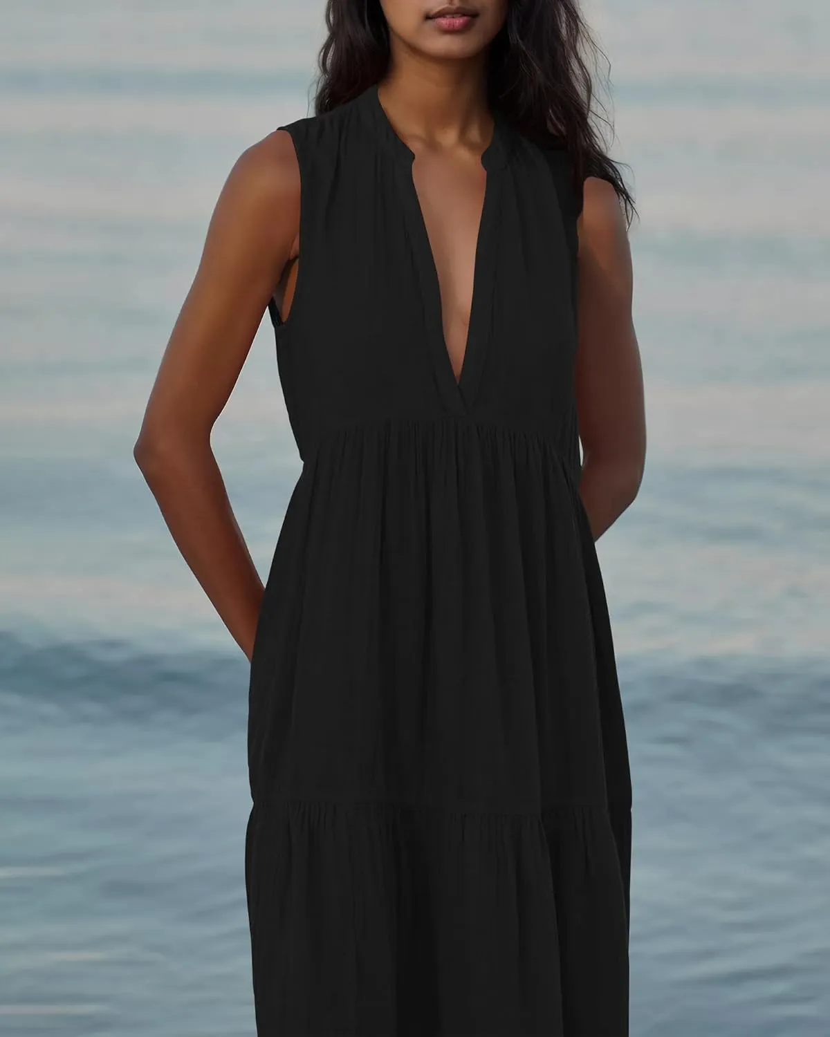 Locachy Womens Summer V Neck Sleeveless Maxi Dresses Loose Flowy Boho Beach Sundress