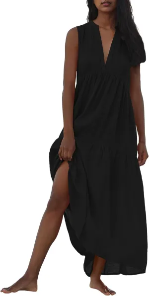 Locachy Womens Summer V Neck Sleeveless Maxi Dresses Loose Flowy Boho Beach Sundress