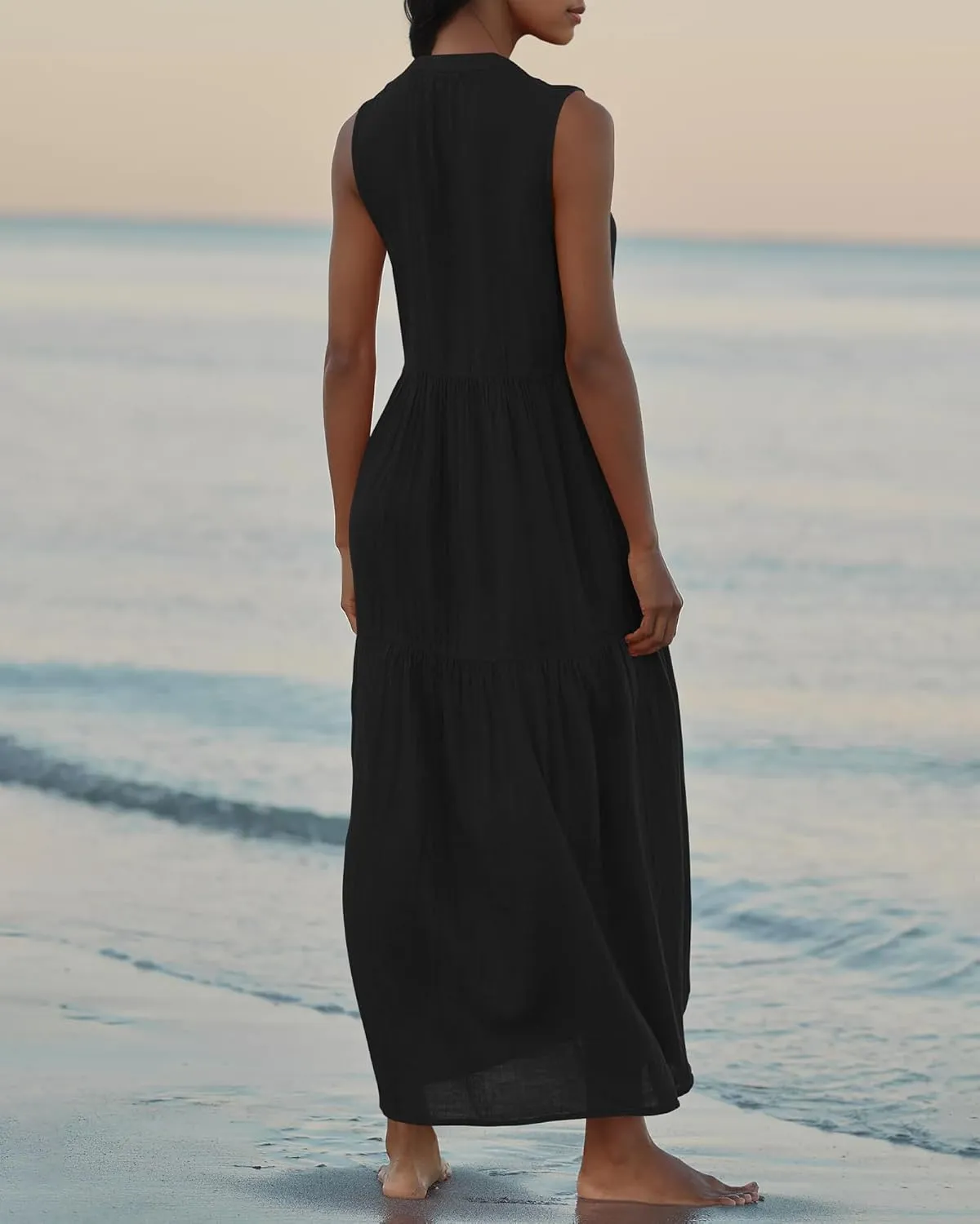 Locachy Womens Summer V Neck Sleeveless Maxi Dresses Loose Flowy Boho Beach Sundress