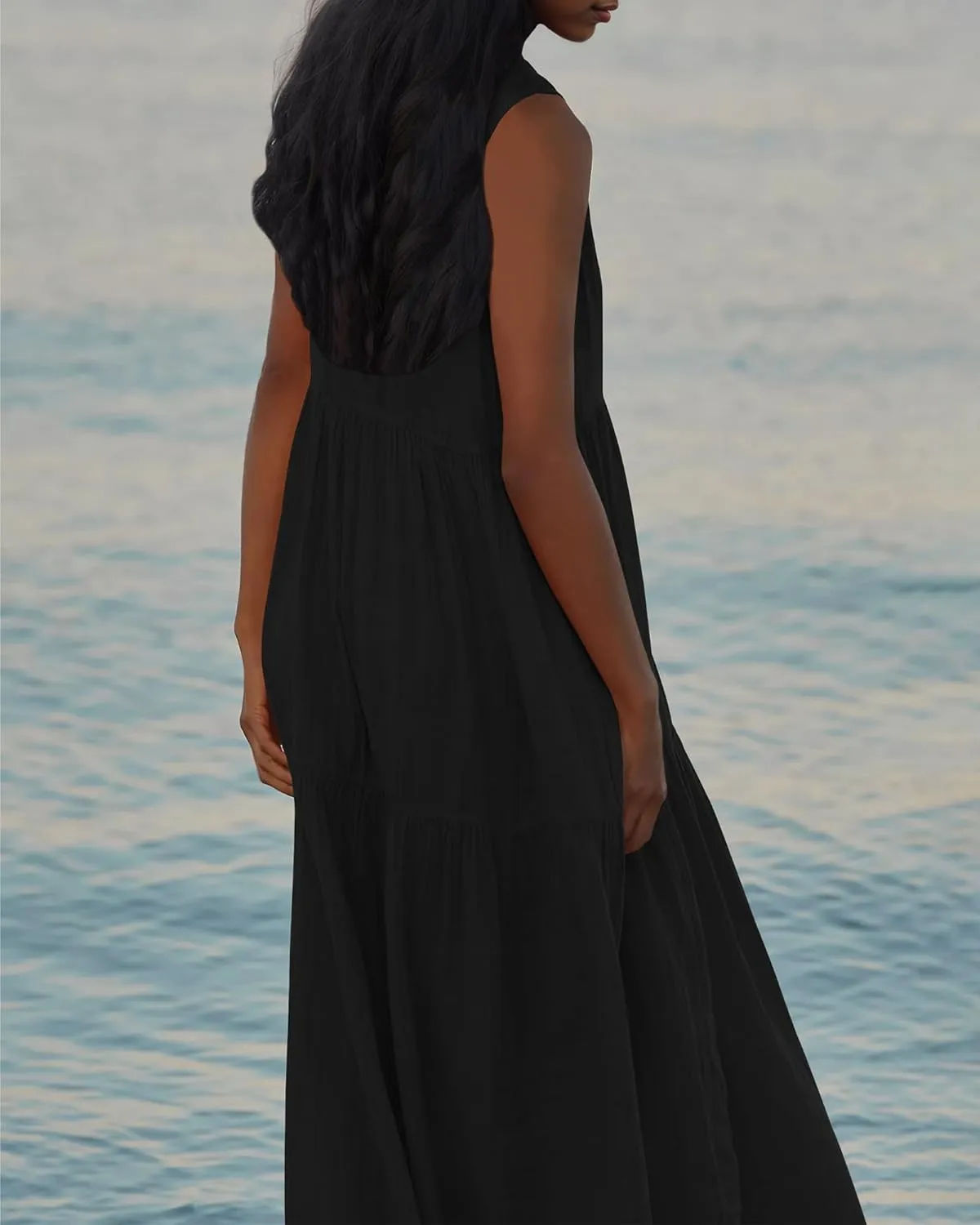 Locachy Womens Summer V Neck Sleeveless Maxi Dresses Loose Flowy Boho Beach Sundress
