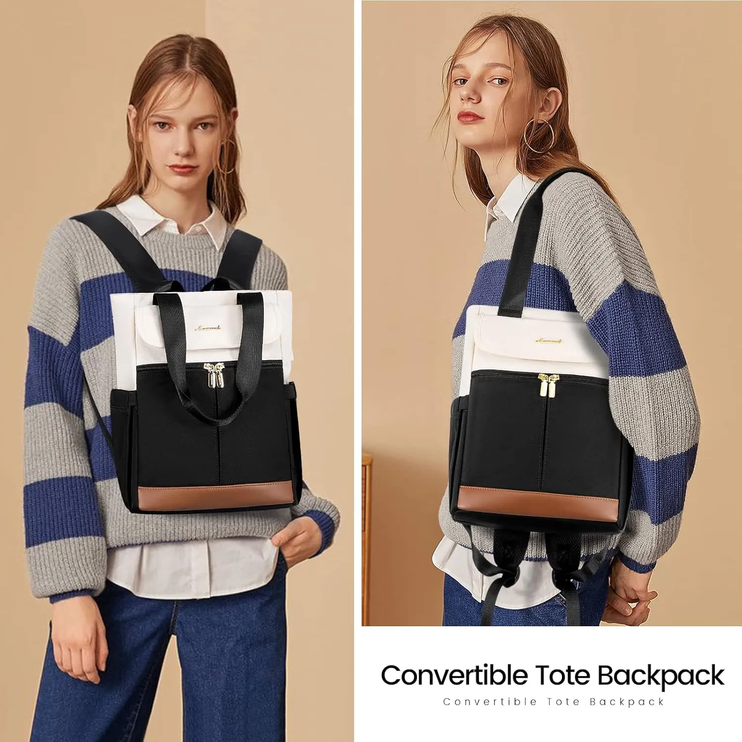 LOVEVOOK Backpack Purse for Women, Convertible Mini Backpacks Tote for Teen Girls, Small College Bookbag for Work, School, Travel, 2pcs set, Black-Cream