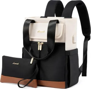 LOVEVOOK Backpack Purse for Women, Convertible Mini Backpacks Tote for Teen Girls, Small College Bookbag for Work, School, Travel, 2pcs set, Black-Cream