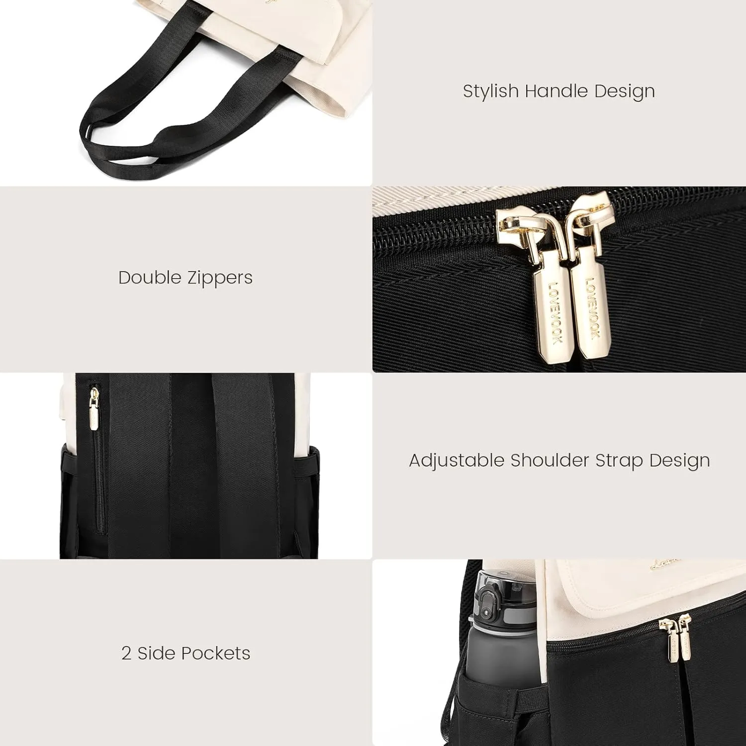 LOVEVOOK Backpack Purse for Women, Convertible Mini Backpacks Tote for Teen Girls, Small College Bookbag for Work, School, Travel, 2pcs set, Black-Cream