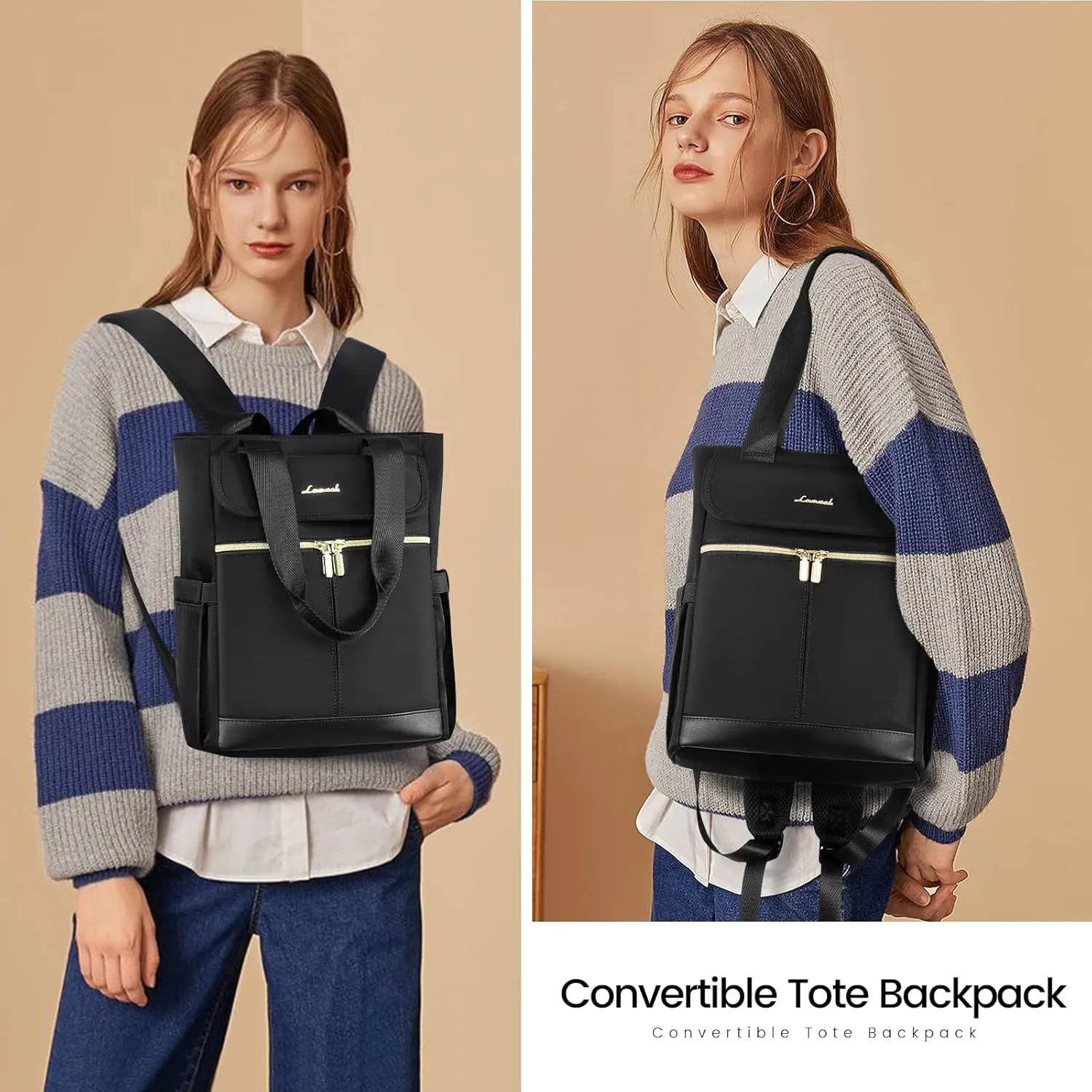 LOVEVOOK Backpack Purse for Women, Convertible Mini Backpacks Tote for Teen Girls, Small College Bookbag for Work, School, Travel, 2pcs set, Black