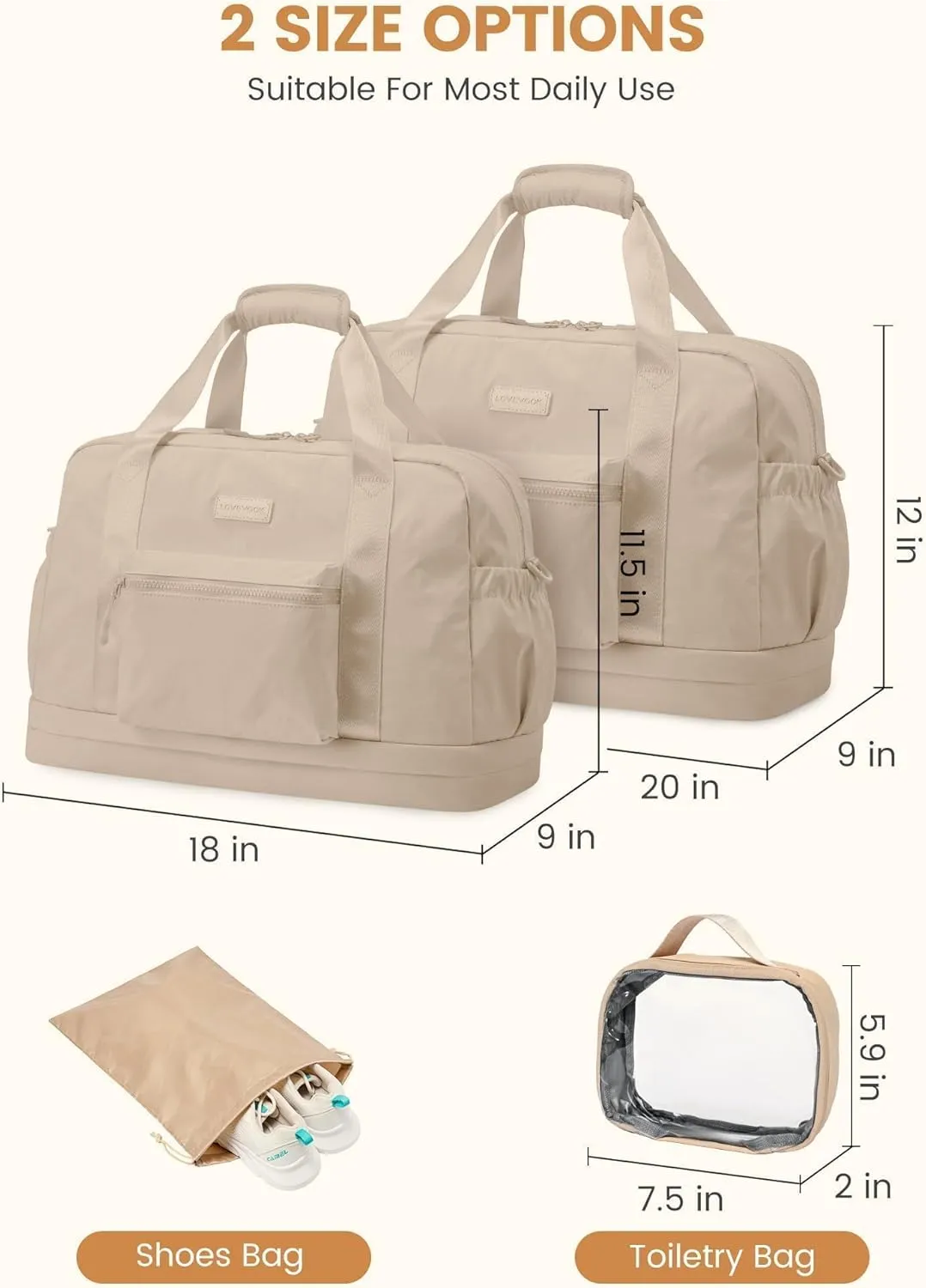 LOVEVOOK Gym Bag for Women, Weekender Overnight Bag With Shoe Compartment, Travel Duffel Bag with Trolley Sleeve, Personal Item Bag, Workout Dance Bag- Khaki