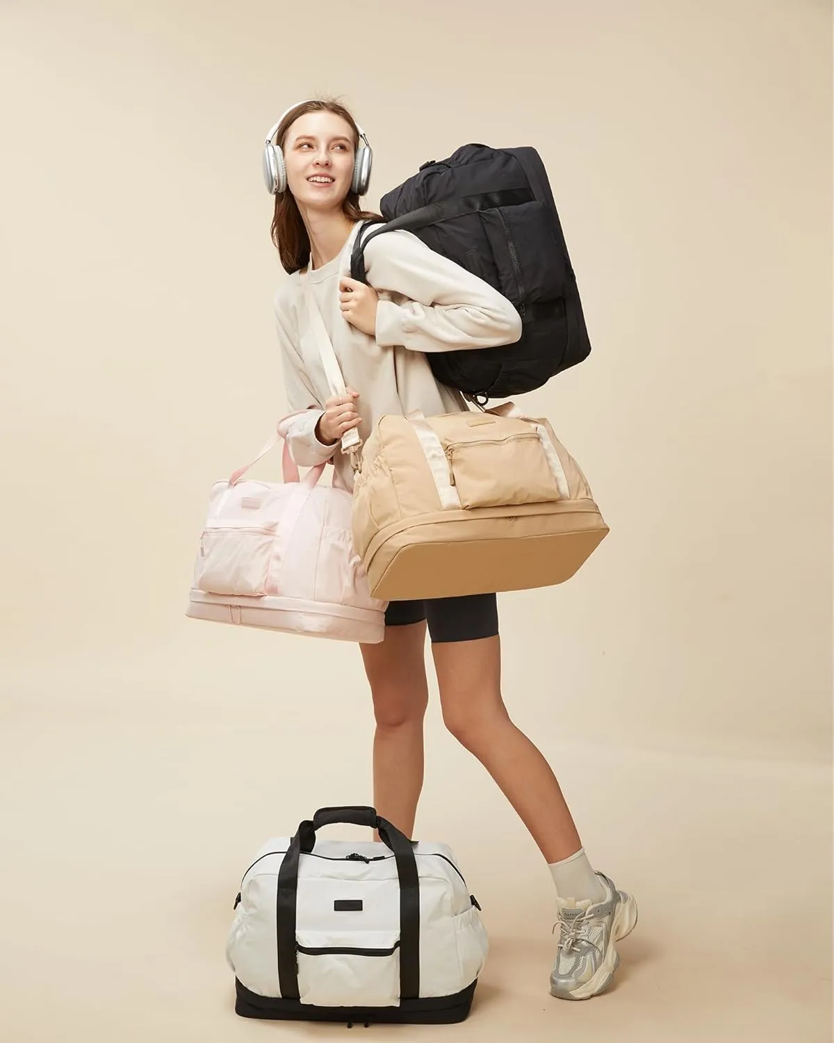 LOVEVOOK Gym Bag for Women, Weekender Overnight Bag With Shoe Compartment, Travel Duffel Bag with Trolley Sleeve, Personal Item Bag, Workout Dance Bag- Khaki