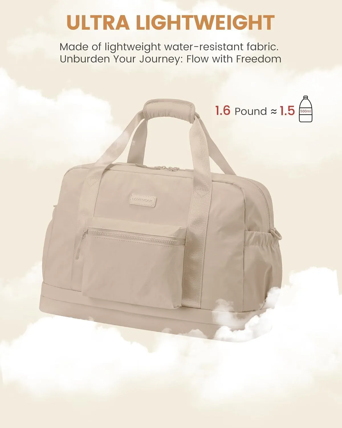 LOVEVOOK Gym Bag for Women, Weekender Overnight Bag With Shoe Compartment, Travel Duffel Bag with Trolley Sleeve, Personal Item Bag, Workout Dance Bag- Khaki