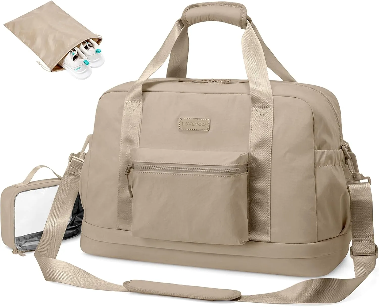 LOVEVOOK Gym Bag for Women, Weekender Overnight Bag With Shoe Compartment, Travel Duffel Bag with Trolley Sleeve, Personal Item Bag, Workout Dance Bag- Khaki