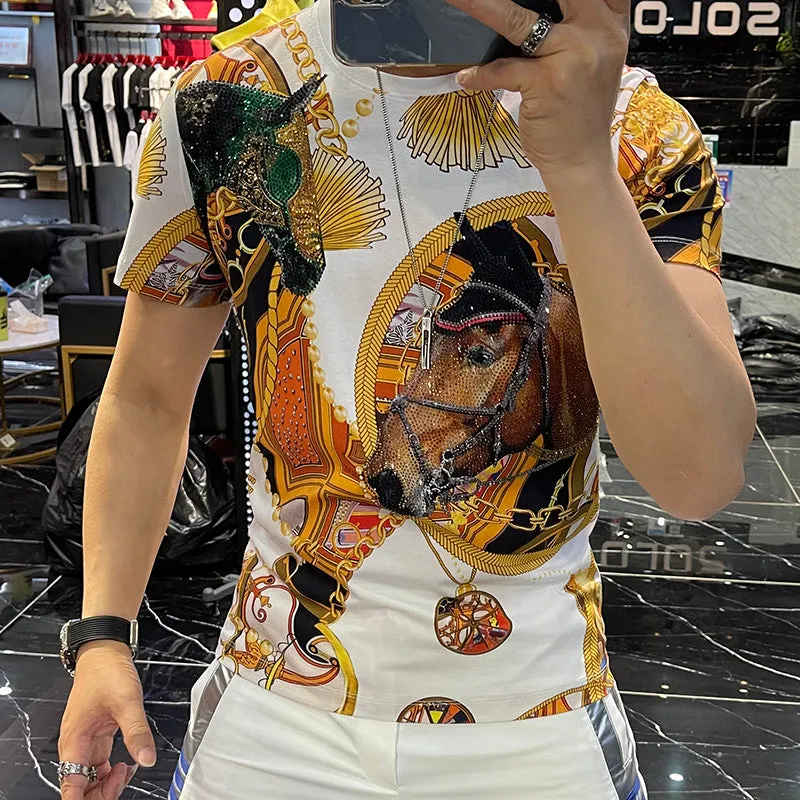 Luxury Geometric Animal Printed Rhinestones T-Shirt