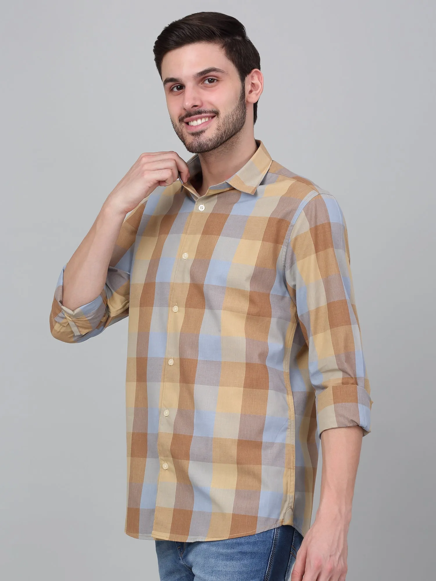 Men's Beige Checkered Full Sleeve Casual Shirt