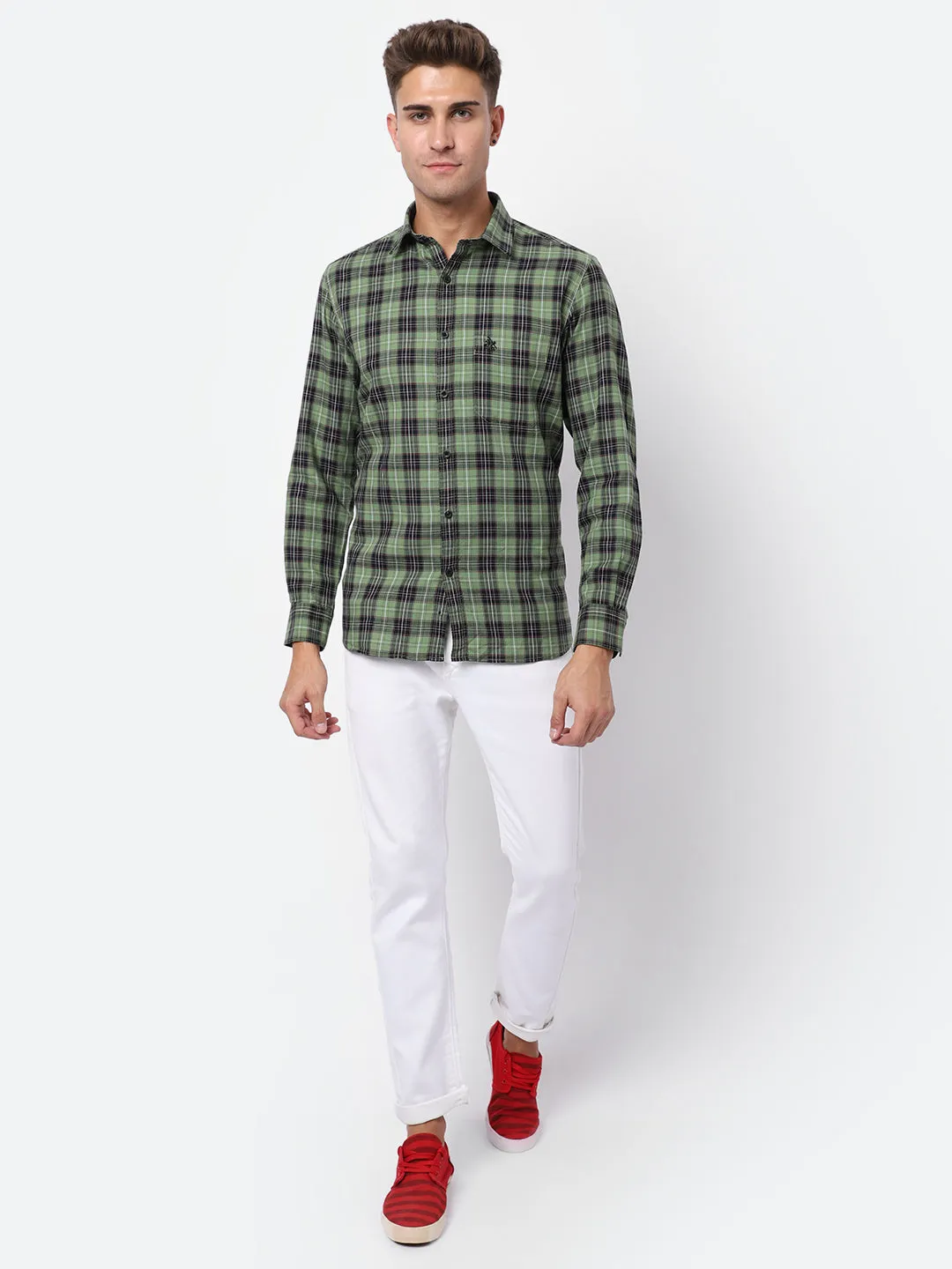 Men's Green Casual Medium Checks Full Sleeve Shirt