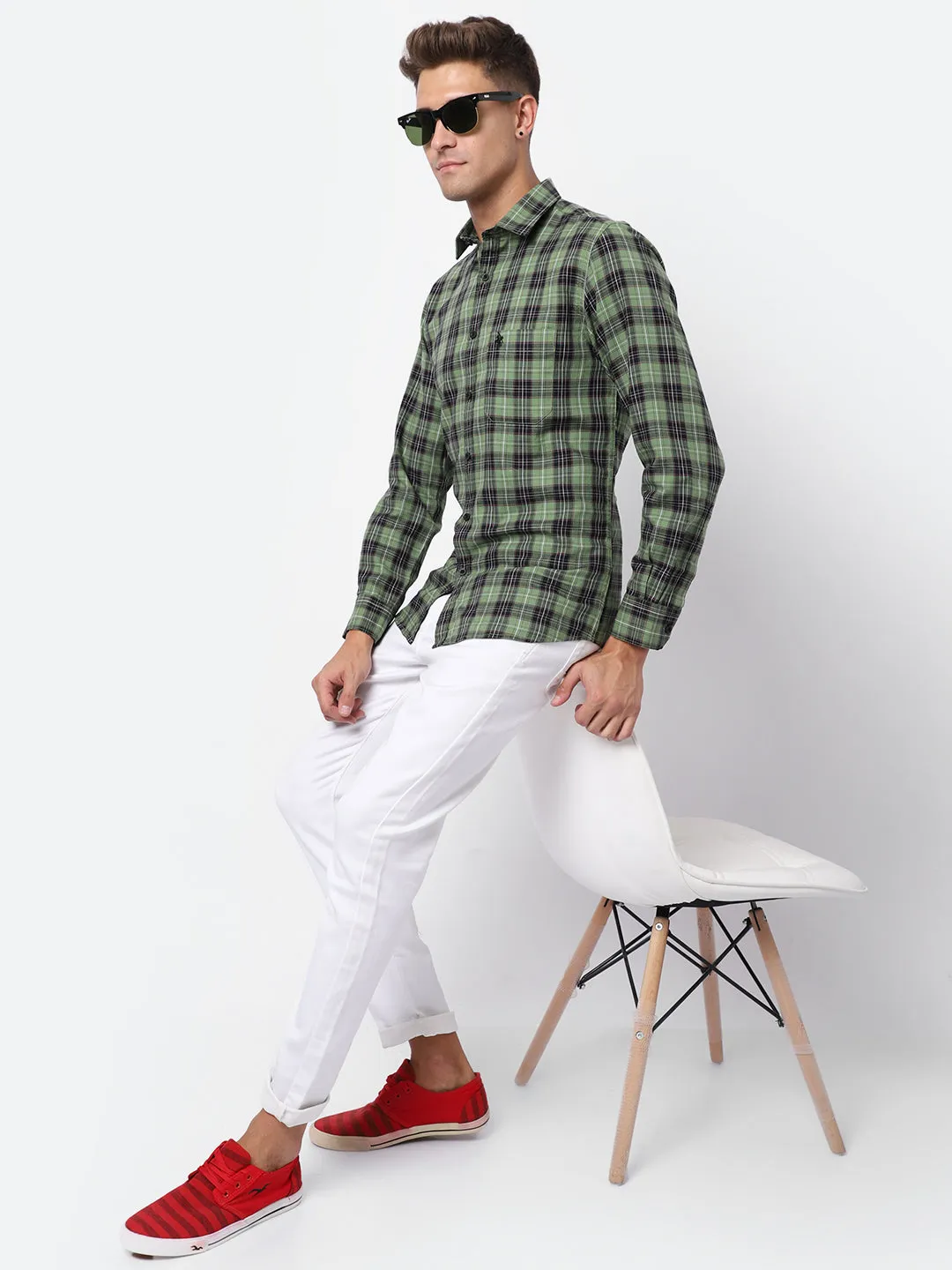 Men's Green Casual Medium Checks Full Sleeve Shirt