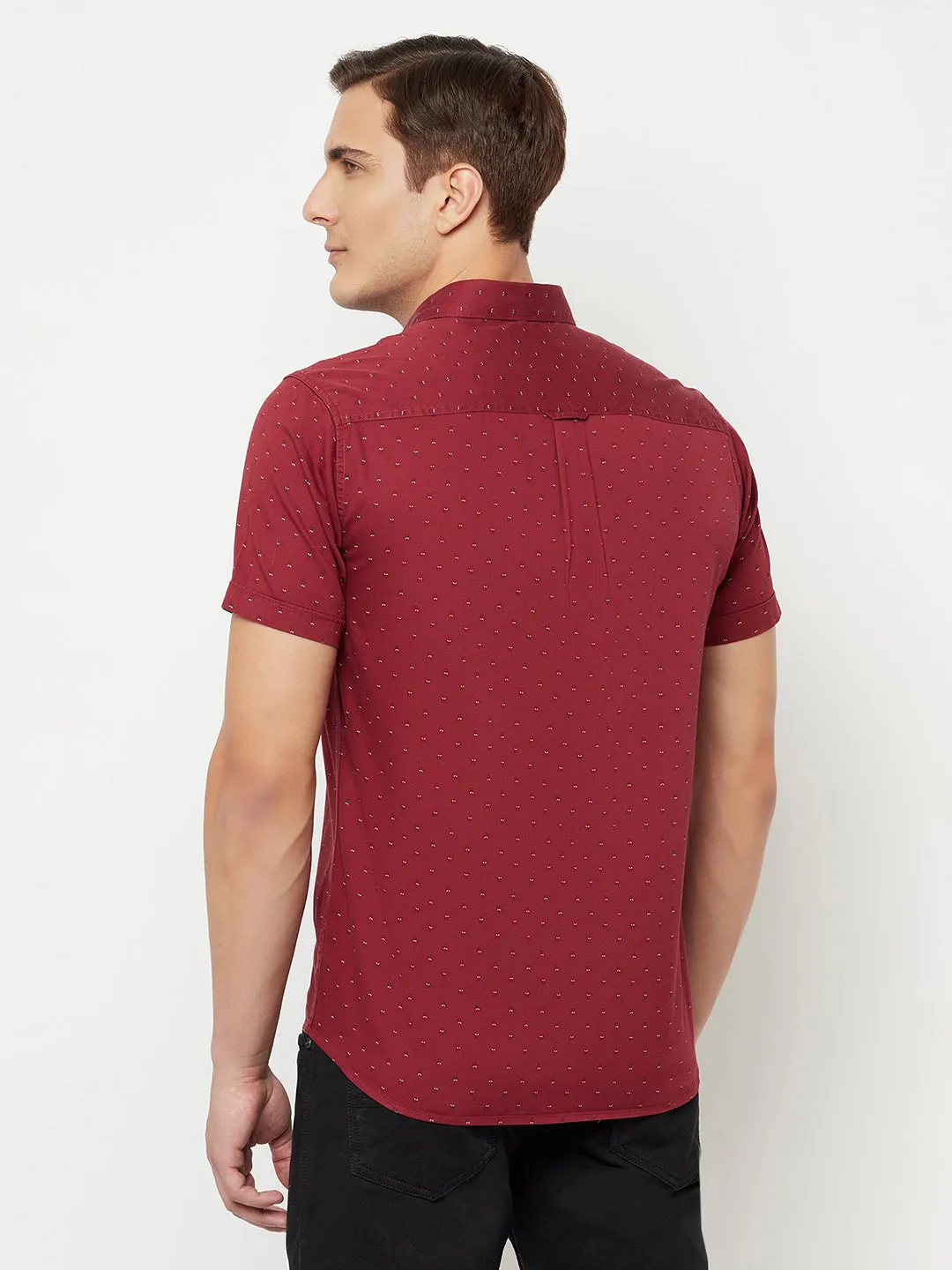Men's Maroon Casual Geometric Print Half Sleeve Shirt