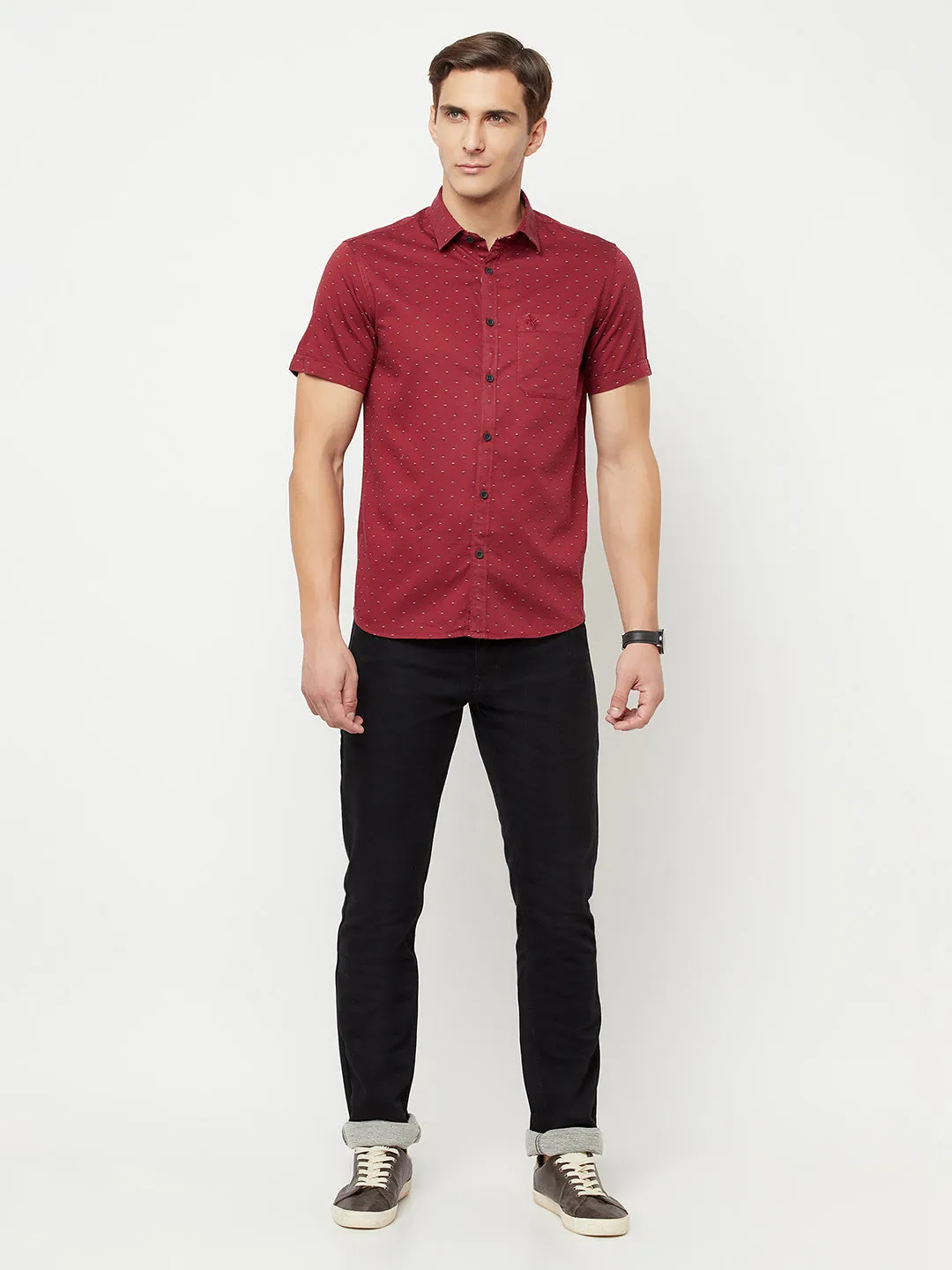 Men's Maroon Casual Geometric Print Half Sleeve Shirt