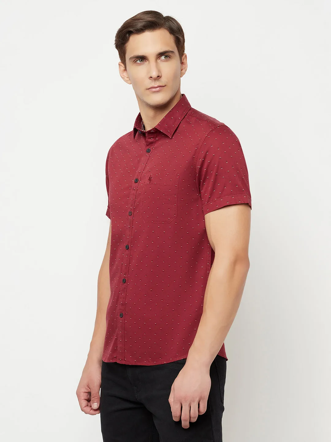 Men's Maroon Casual Geometric Print Half Sleeve Shirt