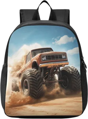 Monster Truck Brown Toddler Backpack for Boys Girls 3-6 Mini Backpacks for Elementary Lightweight Kids Bookbag for Preschool Kindergarten for School