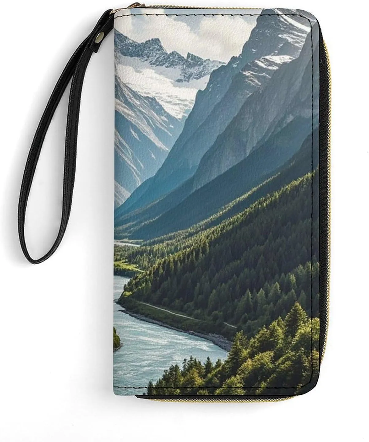 Mountains And Rivers Wallet Leather Zipper Around Clutch Wallet Large Capacity Purse with Wristlet Strap