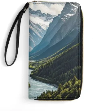 Mountains And Rivers Wallet Leather Zipper Around Clutch Wallet Large Capacity Purse with Wristlet Strap