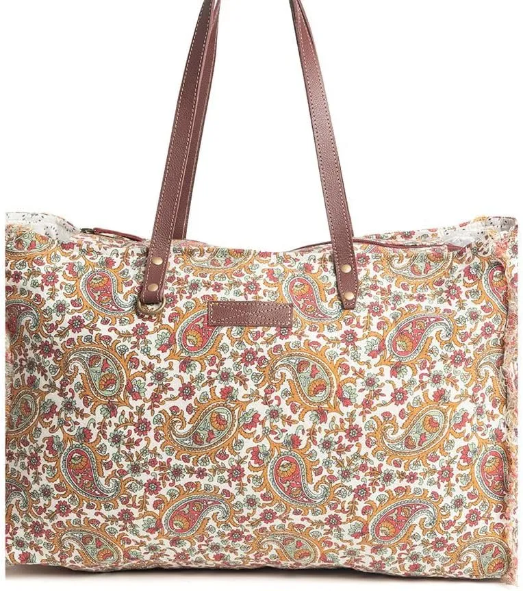 Myra Bag Western Leather Weekender Bag for Women - Upcycled Canvas Shoulder Handbag