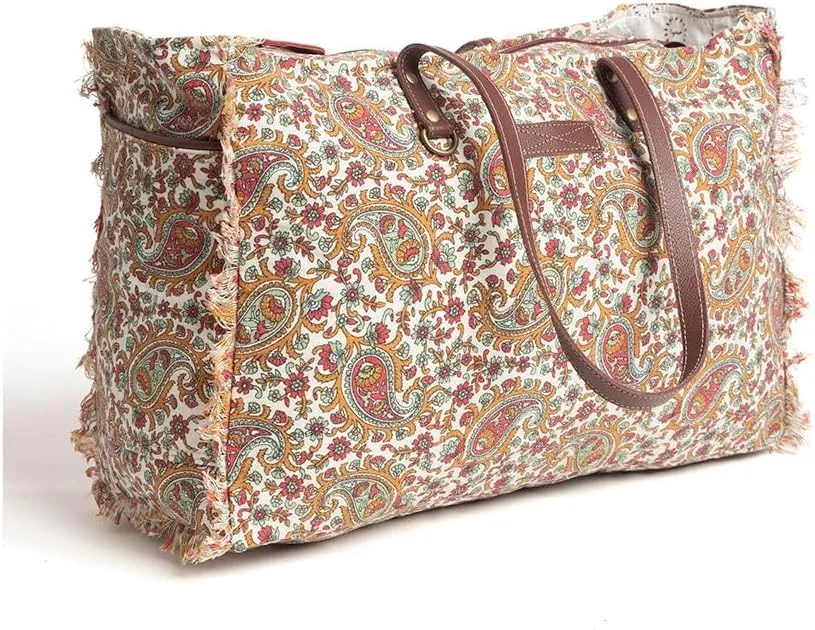 Myra Bag Western Leather Weekender Bag for Women - Upcycled Canvas Shoulder Handbag