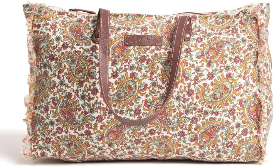 Myra Bag Western Leather Weekender Bag for Women - Upcycled Canvas Shoulder Handbag