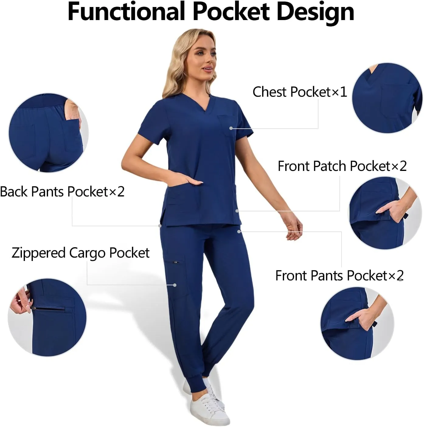 Naivlizer Scrub Set for Women V-Neck Scrub Top & Jogger Pants Medical Uniform Suits with 9 Pockets